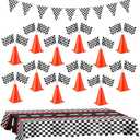 Racing Cars Birthday Decorations - Racecar Centerpiece Decoration Kit for Kids - (12) Orange Traffic Cones, (24) Checkered Flags, Plastic Tablecloth (54"x108") Birthday Banner Race Car Theme (38pcs)