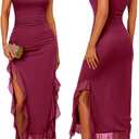 DRESSTELLS Women Formal Wedding Guest Long Cocktail Party One Shoulder Mesh Ruched Bodycon Maxi Ruffle Slit Dress (Red, L)