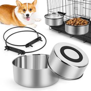 Dog Kennel Water Bowl Hanging, Shine Me 2 Pack 34oz & 25oz Nonslip Stainless Steel Dog & Cat Food and Water Feeder Bowls Mounts to Wire Crates Cages Kennels
