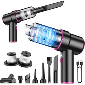 CODN Handheld Car Vacuum Portable Cordless 12000PA, 2 in 1 Handheld Vacuum Cleaner and Air Duster with Multi-Nozzles and LED Light, Mini Hand Held Vacuum Rechargeable for Home, Car, Office, Pet Hair (Black & Rose Red)