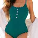 Charmo Womens One Piece Swimsuits Ribbed Scoop Neck Scalloped Bathing Suits Button Swimming Suit (Small, Green)