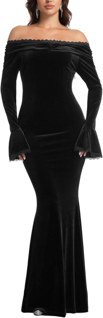 MERMAID'S CLOSET Women's V Neck Floral Lace Maxi Wedding Dress Long Sleeve Flowy Formal Party Dress Fall Spring (Large)