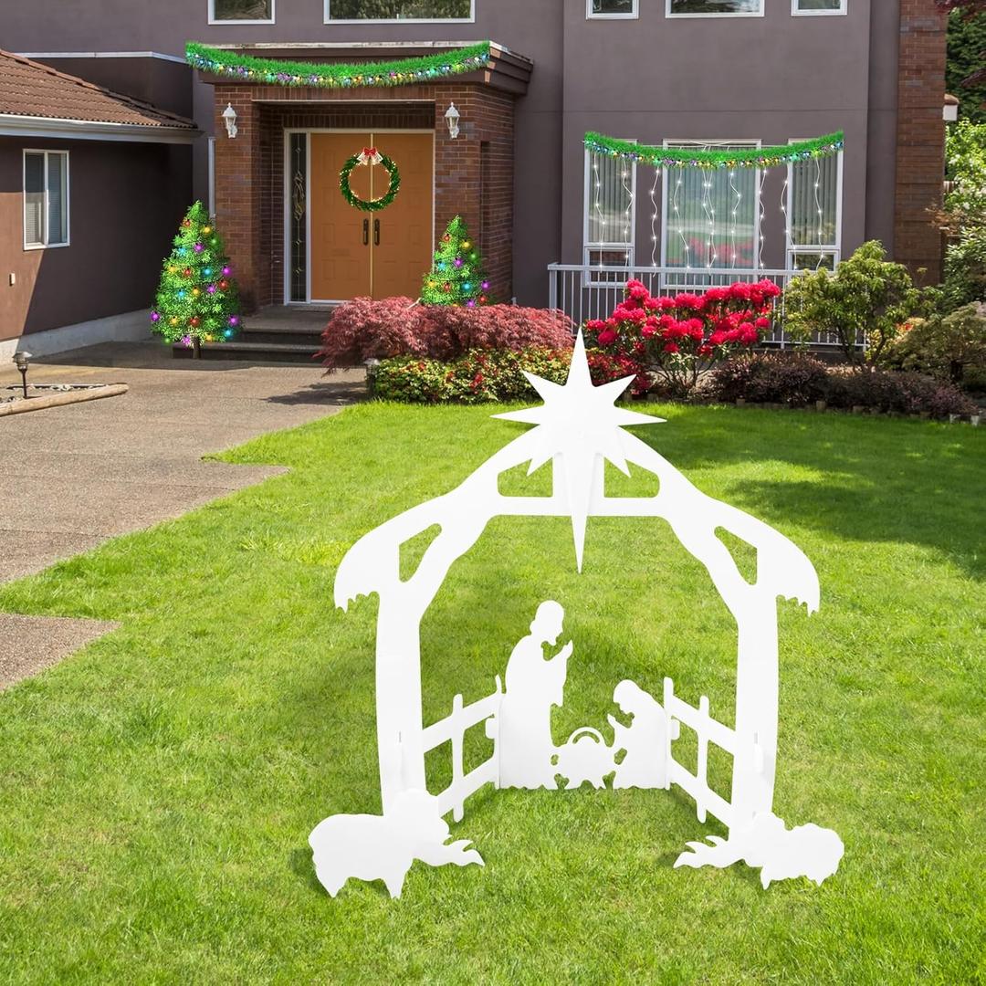 Christmas Yard Signs Outdoor Nativity Scene - Weatherproof Religious Manger Scene Yard Sign with Stakes for Garden Lawn Xmas Home Pathway Walkway Holiday Christmas Decorations - White (28'' x 27'')