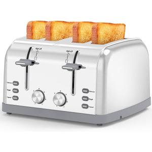 Toaster 4 Slice Retro Stainless Steel,Best Prime 4 Slice Toaster Wide Solt with 7 Shade Settings, Perfect for Waffles, Bagels and More Lainsten T-527, Silver