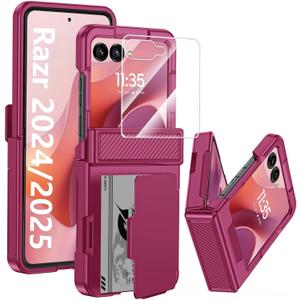 GooseBox for Motorola Razr 2025 Case Wallet RFID Card Holder&Hinge Protection&HD Screen Protector, Full Body Shockproof Cover for Motorola Razr 2025/Razr 2024(Magenta)