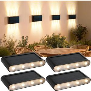 Solar Wall Lights Outdoor, 3000K Warm White, Waterproof, Stylish Modern Lights, Bright Solar Up and Down Wall Sconce Lighting with 8 LED for Exterior, Porch, Patio, Fence, Garage (4PK)