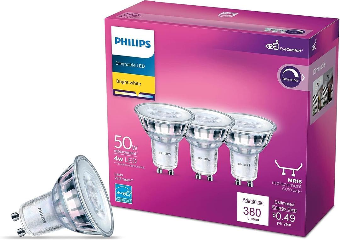PHILIPS LED 50W MR16 3-Pack Specialty Bright White (3000K) 380 Lumen (40W = 50W) Dimmable Clear Flicker-Free Light Bulbs