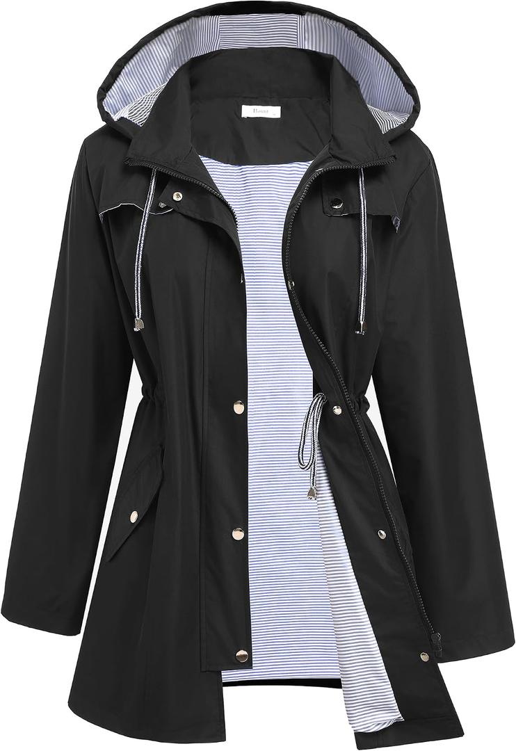 Hount Women Rain Jacket Lightweight Waterproof Raincoat Lined Outdoor Hooded Windbreaker Trench Coat, Small, Black
