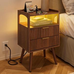 Nightstand with Charging Station and LED Lights,Modern Bedside Table with 2Drawer and Open Shelf,Walnut Night Stand with Solid Wood Legs,End Table for Living RoomBedroom and Small Spaces