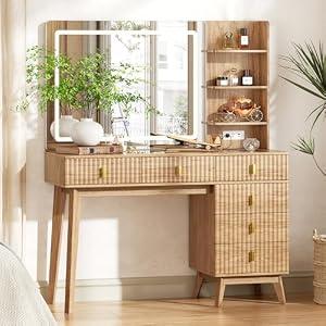 Large Makeup Vanity Desk with Mirror and Lights, Vanity Desk with 6 Drawers & Storage Shelves, Vanity Table with Power Outlet, 3 Color Modes & Adjustable Brightness Dressing Table, Bedroom, Wood