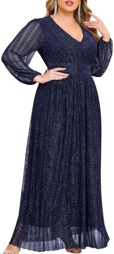 ZOMVA Plus Size Maxi Formal Dress Sparkly V-Neck A-line Ruffle Sleeves Evening Gown Cocktail Prom Lace XL