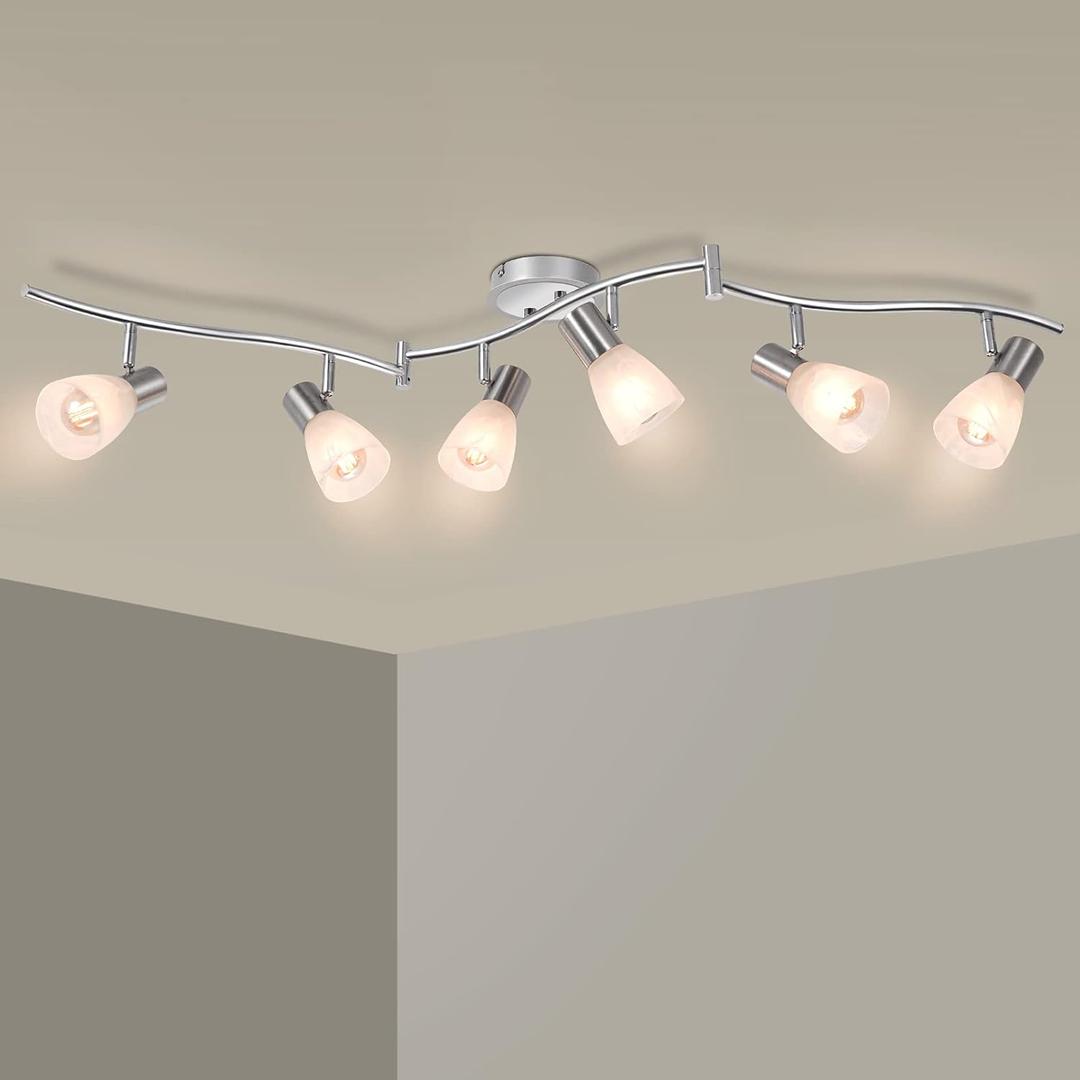 HiBay Adjustable Ceiling Track Lighting 6-Light, Directional LED Spot Light Fixtures with Glass Lampshade White, Foldable Spotlight for Kitchen Living Room Bedroom Hallway (E12 LED Bulbs Included)