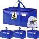 4 Pack Extra Large Moving Bags with Strong Zipper & Handles - Heavy Duty Clothes Storage Tote Bins - Moving Boxes for Space Saving, College Supplies with Drawstring bag