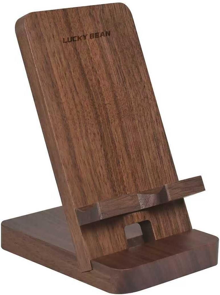 LUCKY BEAN Wood Phone Stand, Desktop Wooden Phone Holder, Portable Office Phone Stand for Desk, Wood ipad Stand Compatible with iPhone & All Cell Phones (Walnut)