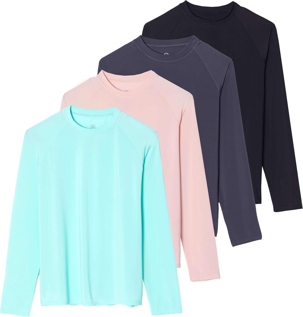 Real Essentials 4 Pack: Women's Long Sleeve Rash Guard Moisture Wicking Shirts - Sun Protection Quick Dry SPF 50+ Tops (Plus) (S)