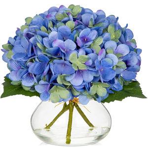 Hollyone Hydrangea Artificial Flowers with Glass Vase Green Silk Faux Flowers Arrangements in Vase with Faux Water Fake Floral Bulk Bouquet for Home Decor Table Centerpiece Decorations