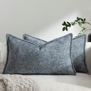 Pack of 2 Dusty Blue Decorative Throw Pillow Covers 12x20 Cozy Soft Chenille Boho Accent Vintage Farmhouse Rectangular Lumbar Couch Pillow Covers for Home Decor Bed Sofa Living Room