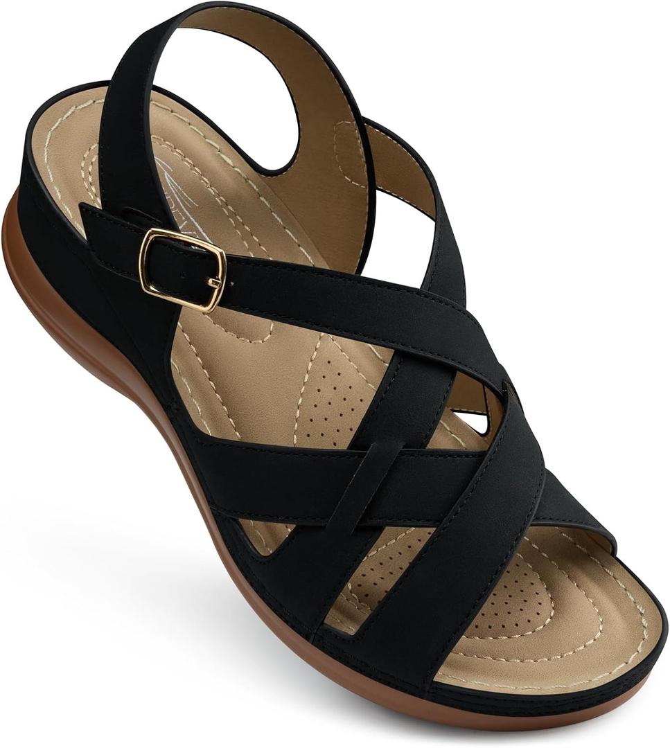 SHIBEVER Flat Sandals for Women Comfortable: Adjustable Buckle Ankle Strap Strappy Sandals Dressy Casual, Summer Walking Shoes for Beach Travel, Size 6