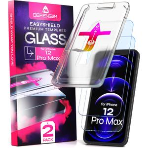 Defenslim Screen Protector for iPhone 12 Pro Max (2Pack), Easy Auto-Align Install Kit, 6.7" Tempered Glass, 9H Hardness, Ultra HD Clear, Case Friendly, EasyShield