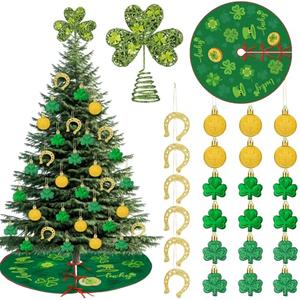 Ceenna 51 Pcs St. Patrick's Day Tree Decorations Set with 48 Shamrock Irish Coins Hanging Ornaments 5.9'' Double Season Clover Treetopper and 40'' Reversible St. Patrick's Day Tree Skirt