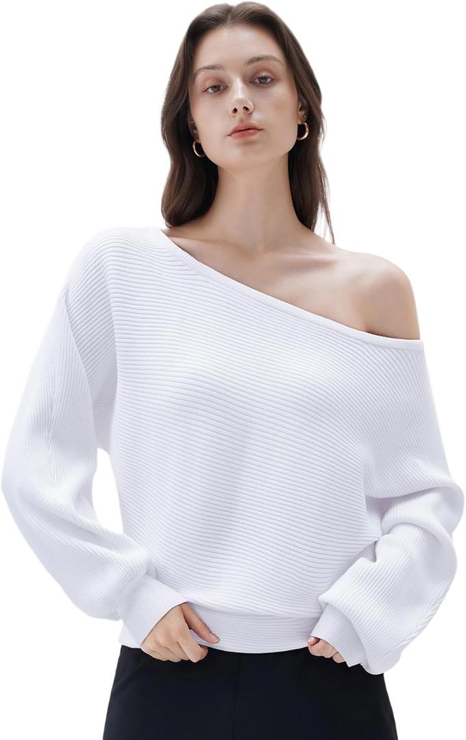 SUUKSESS Women Cashmere Blend Oversized Off Shoulder Pullover Sweaters Boat Neck Long Sleeve Knit Jumpers Tops (Medium, 002 White)