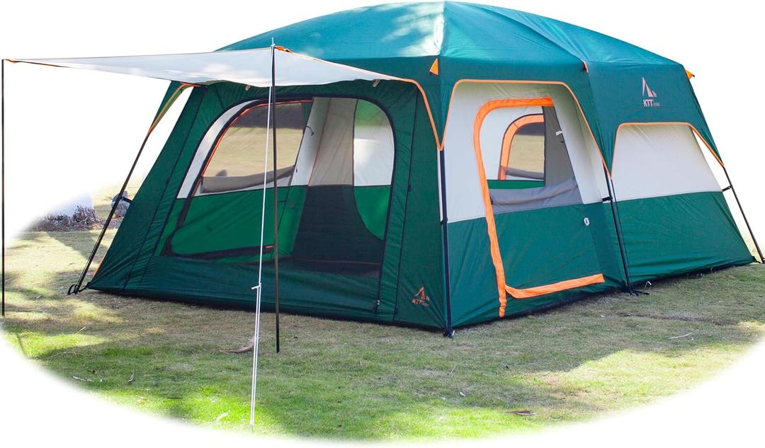 KTT Extra Large Tent 10-12-14 Person(A),Family Cabin Tents,2 Rooms,3 Doors and 3 Windows with Mesh,Straight Wall,Waterproof,Double Layer,Big Tent for Outdoor,Picnic,Camping,Family Gathering (Green)