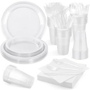 Aodaer 200 Pieces Clear Party Supplies Disposable Dinnerware Set Include Plastic Plates Cups Knives Forks Spoons Paper Napkins for Birthday Wedding Graduation Parties, Serve 25 Guests