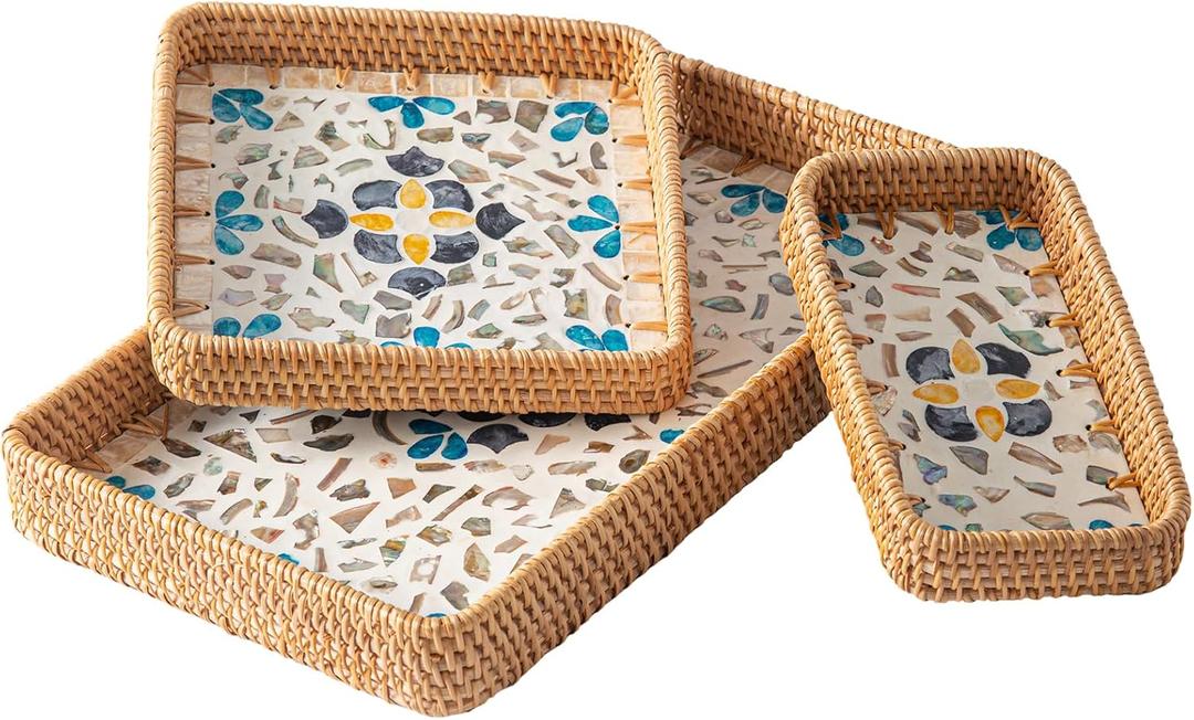 Set of 3 Rectangle Rattan Trays for Decor, Wicker Serving Tray Boho, Hand-Woven from Natural Rattan with Mother of Pearl Inlay, Vintage Woven Decorative Table Trays for Kitchen Counter, Dining Table (Bohemian)