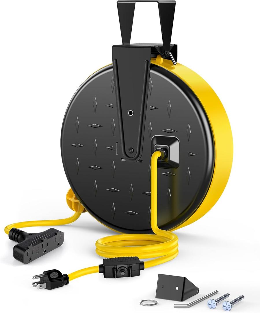 DEWENWILS 30 Ft Retractable Extension Cord Reel, Ceiling/Wall Mount 16/3 Gauge SJTW Power Cord with 3 Electrical Outlets Pigtail for Garage and Shop, 10 Amp Circuit Breaker, Metal Plate, UL Listed (Black/Yellow-yellow Cord)