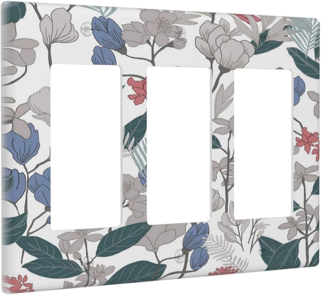 Decorative Outlet Covers Boho Green Leaf Floral Combination 3 Gang Wall Plate Triple Rocker Decora Light Switch Cover Plate Jumbo Electrical GFCI Switch Plate Cover for Bathroom Kitchen Decor (3-Gang Rocker /6.38 x 4.49 IN, Boho Floral Blue Magnolia/Red Hydrangea)