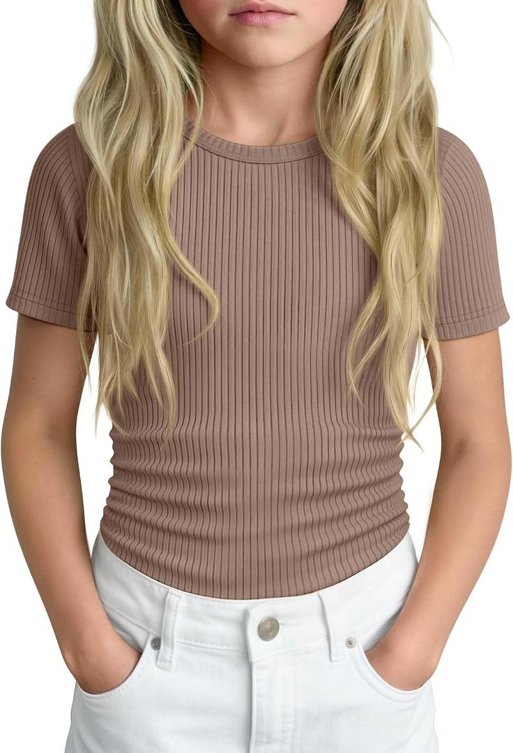 Girls Ribbed Short Sleeve T-Shirt | Crew Neck, Ribbed, Solid, Slim, Basic Layer Tops, Summer, Casual School Outfits, Trendy, Kids, Tween, Teen Youth