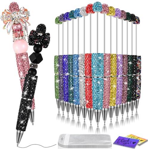 Tondiamo 45 Pcs Full Rhinestone Beadable Pens Bulk Set 15 Glitter Diamond Pens with Cards & Bags Fancy Beaded Pen for Beads DIY Cute Journalling Bling Ballpoint Craft Making(Full Diamond)