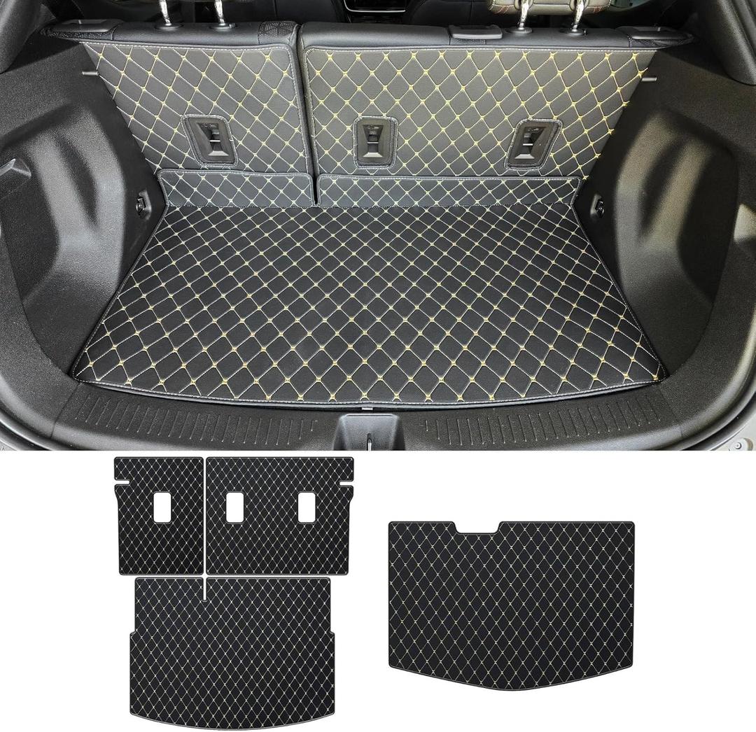AOMSAZTO Cargo Mat and Backrest Mat for 2017-2025 Chevrolet Bolt EV & EUV - All Weather PU Leather Cargo Liner (Upper and Lower Layer) Waterproof Anti-Slip Trunk Mat (Black+Beige)