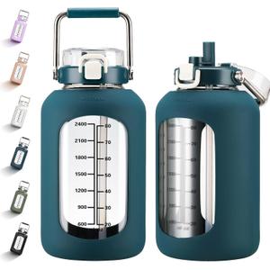 MUKOKO 100oz Glass Water Bottle with Time Marker and Silicone Sleeve 3L Large Water Jug with Stainless Steel Handle Gallon Drinking Bottle with 2-in-1 Lid Wide Mouth BPA Free, Dark Blue