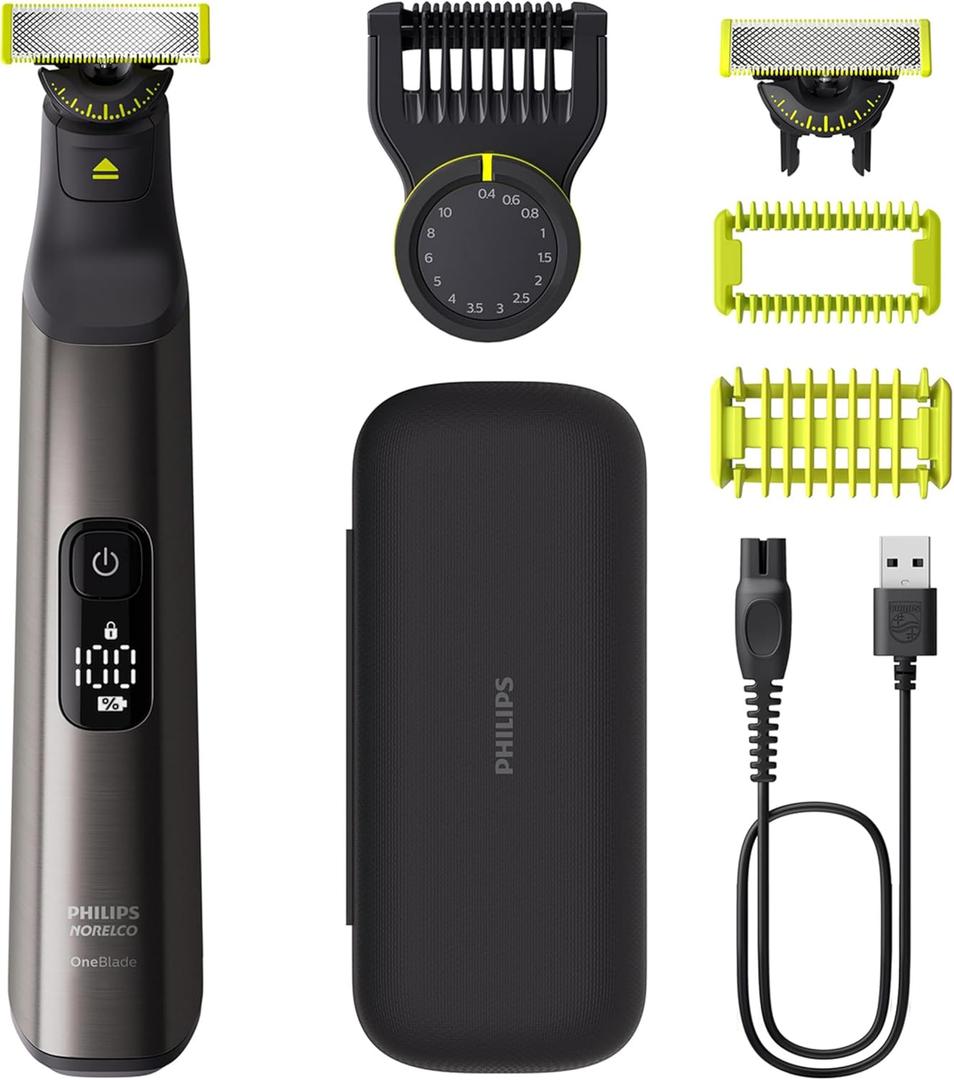 Philips Norelco OneBlade 360 Pro Face + Body Electric Beard Trimmer, Shaver & Bodygroomer, with 360 Blade Technology, 2X 360 Blade, 20-Length Adjustable Comb, Body Kit, & Travel Case, QP6552/90 (Black/Lime Green)