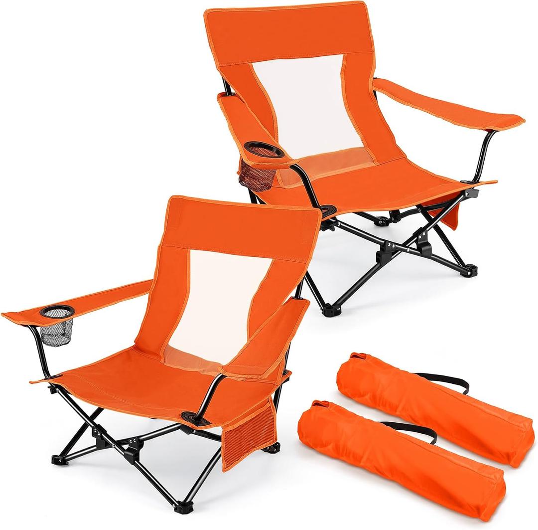 Joyfair Beach Camping Chair (2 Pack), Outdoor Folding Lawn Chair for Adults, Heavy Duty Portable Chair with Armrest for Outside Fishing, Sport, Patio, Cup Holder & Storage Pocket, Carry Bag (Orange), 27in x 23in x 26in