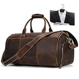 LUUFAN Full-grain Leather Garment Bag Large Capacity Travel Bag Business Suit Carrier Bag with Shoe Compartment, Overnight Gym Sports Duffel Bags for Men Women, Coffee