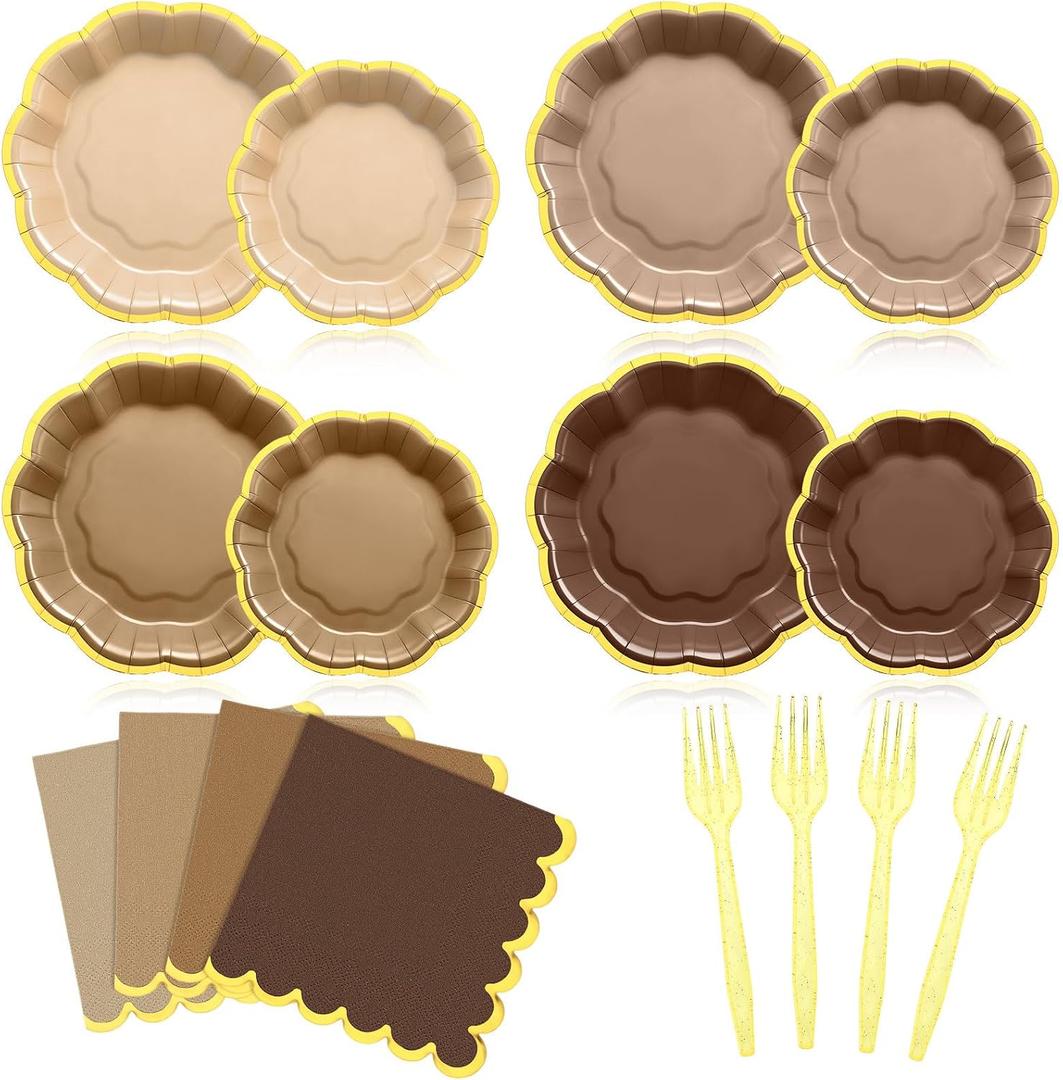 FoldTier 192 Pcs Brown Gold Disposable Party Plate Set for 24/48 Guests 9" & 7" Scalloped Paper Plate Cocktail Napkin Plastic Forks for Birthday Farmhouse Wedding Baby Shower Tea Party, Brown plate: about 7 inch and 9 inch