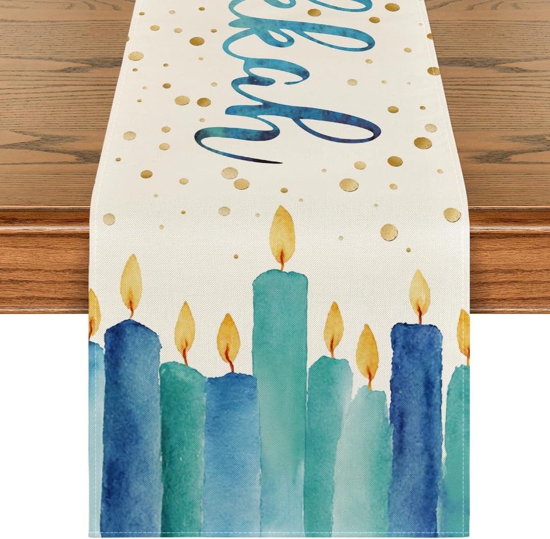 Artoid Mode Watercolor Candle Happy Hanukkah Table Runner, Menorah Chanukah Holiday Kitchen Dining Table Decoration for Indoor Outdoor Home Party Decor 13 x 36 Inch (Blue)