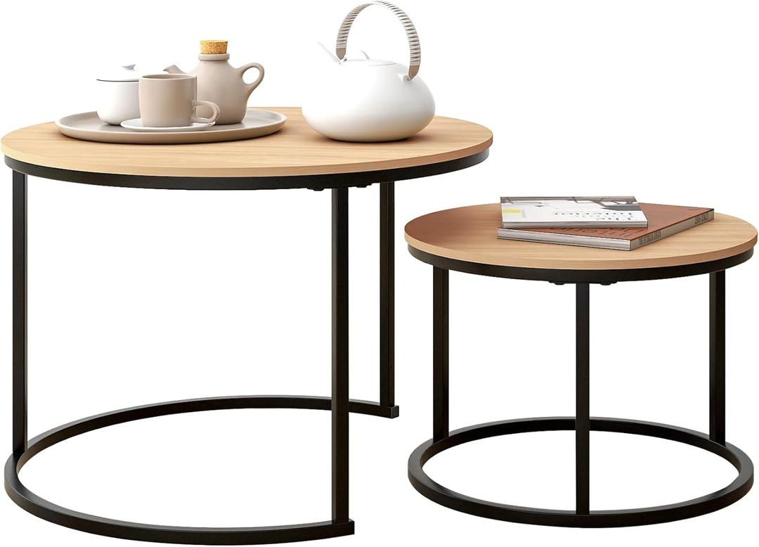 Industrial Round Coffee Table Set of 2 End Table for Living Room,Stacking Side Tables, Sturdy and Easy Assembly,Wood Look Accent Furniture with Metal Frame,Black+Teak OAKDK (Large, Bk+oakdk)