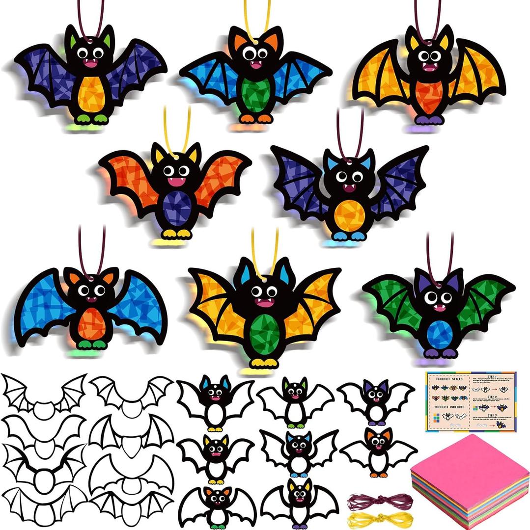 Funrous 32 Set Halloween Suncatcher Crafts Kit Bat Suncatcher Paper Crafts with Tissue Paper DIY Window Stained Glass Effect Hanging Ornaments for Halloween Home School DIY Activities Party Favors