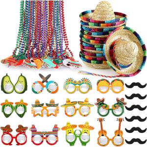 Bucherry 54 Pieces Cinco De Mayo Sombrero Hats Mexican Beaded Necklace Paper Eyewear Fiesta Party Supplies Bulk for Mexican Day Decorations