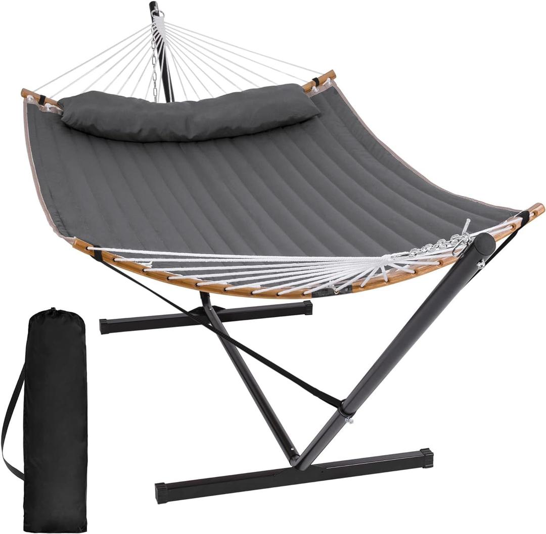 SUNCREAT Double Portable Hammock with Stand, 2 Person Hammock with Curved Spreader Bar, Balance Ropes Included, Dark Gray