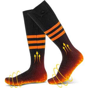 Heated Socks for Men Women, Rechargeable Electric Heated Socks with 4 Heating Levels, Washable Warm Socks for Winter Hunting Outdoor Working Skiing Hiking Cycling Camping Fishing (Black & Stripe Orange)