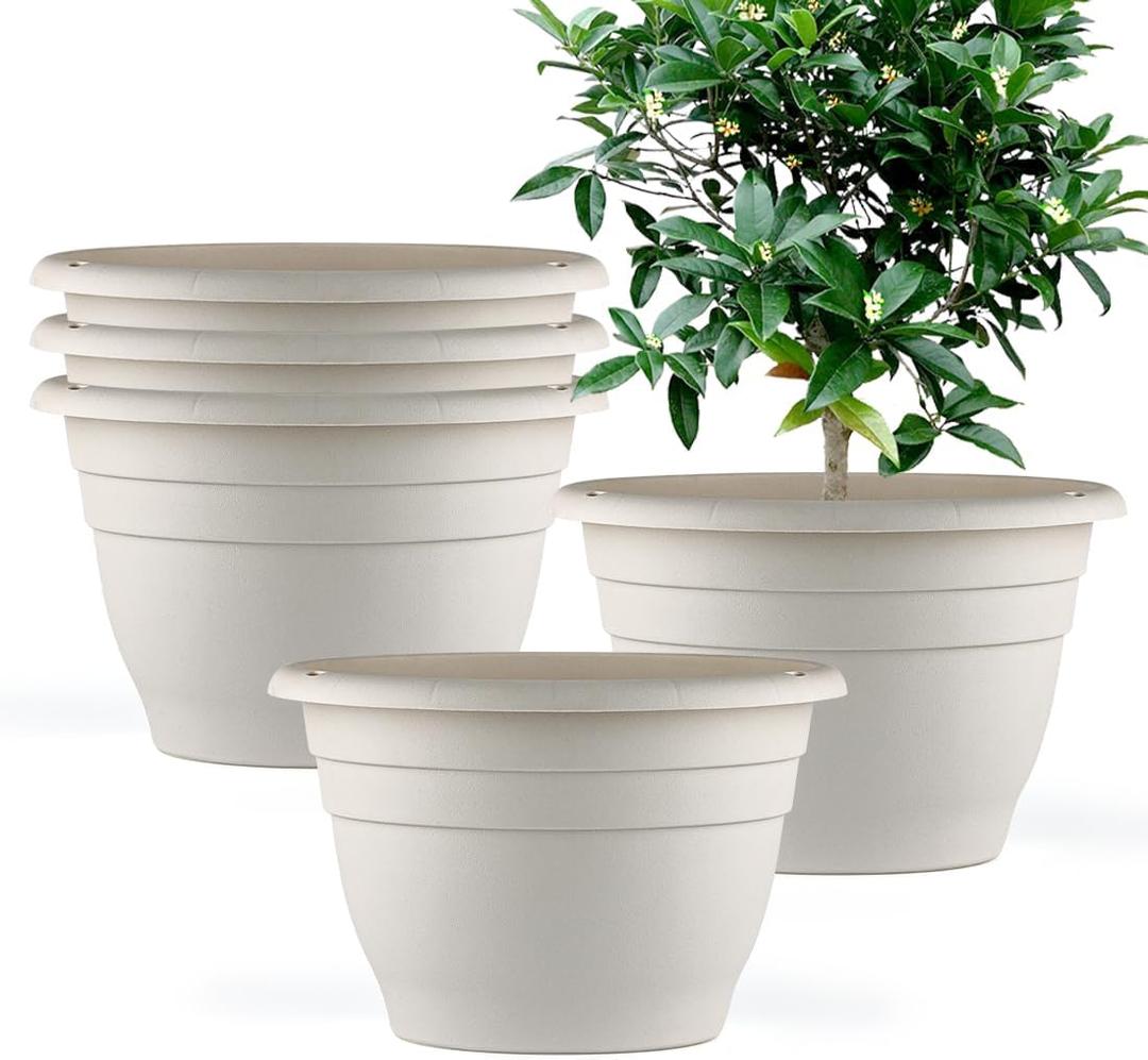 RooTrimmer 5 Pack 10 Inch Plant Pots for Indoor Outdoor, Plastic Floor Planters with Drainage Holes, Lightweight Flower Pots for Home, Patio & Garden(White)
