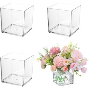 4Pcs Clear Acrylic Flower Vase 6 x 6 x 6Inch Square Flower Vase Clear Cube Flowers Vases for Wedding Centerpieces, Party, Home Office Decoration