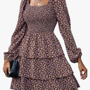 BTFBM Women Square Neck Smocked Dresses 2025 Summer Spring Long Sleeve Floral Swiss Dot Mini Boho Wedding Guest Dress L