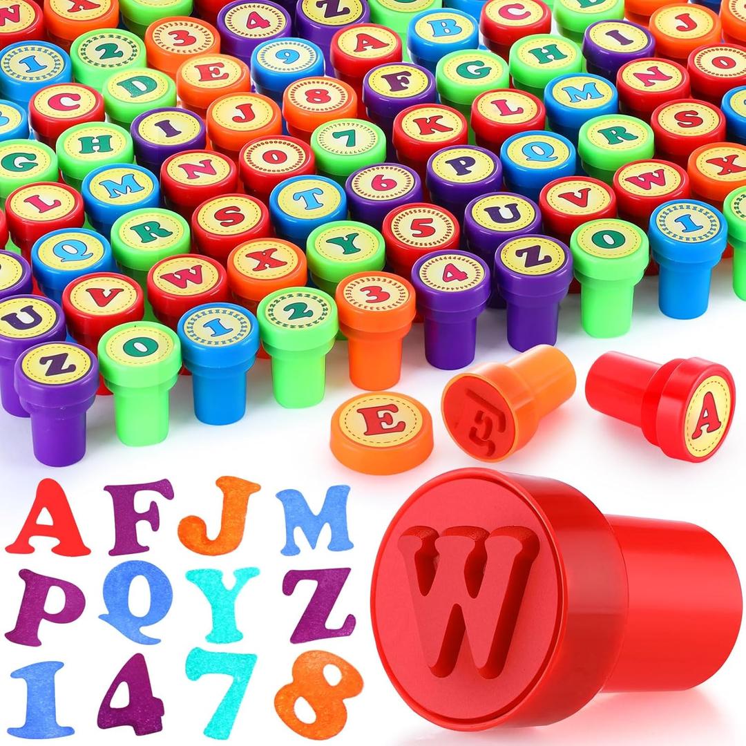 72 Pcs Number and Alphabet Stamps for Kids Letter Stamps for Kids Self Inking ABC for Boys and Girls, Classroom Rewards, Birthday Party Supplies