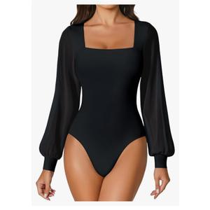 Avidlove Women Puff Long Sleeve Bodysuit Mesh Square Neck Thong Sexy Body Suits Double Lined Leotards Size S