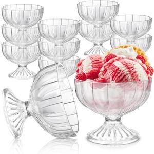 Meanplan 12 Pcs Acrylic Ice Cream Bowls 10 oz Clear Dessert Bowls with Footed Ice Cream Cups Cute Plastic Trifle Tableware for Serving Sundae Salad Fruit Snack Holiday Party